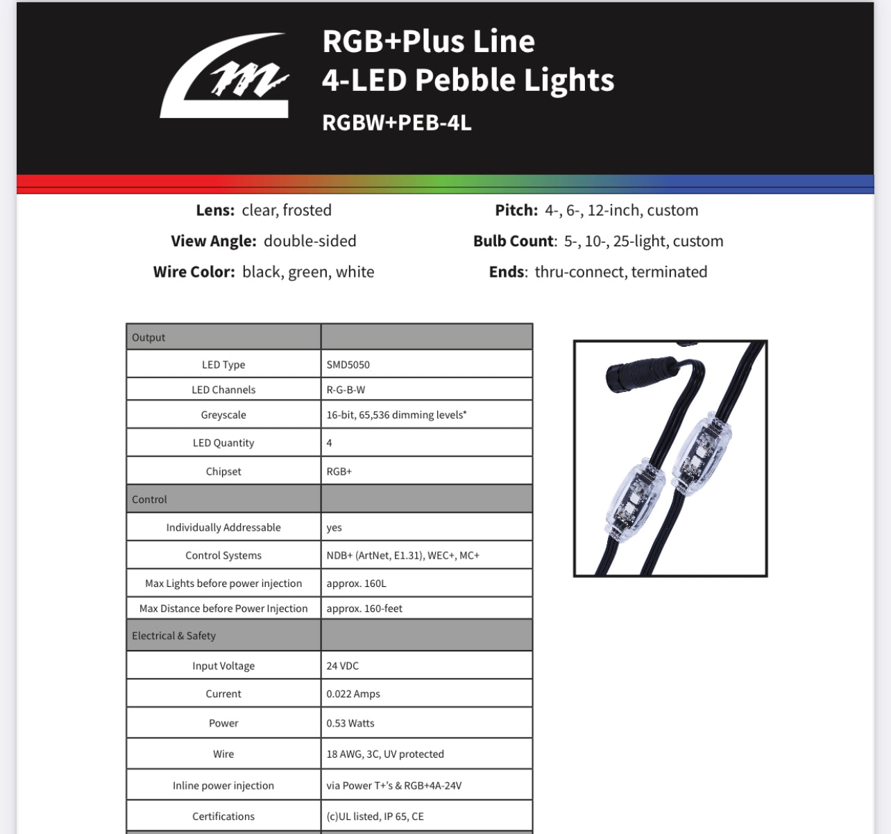 RGB+2 Pebble Lights 4 pin (12 inch spacing)